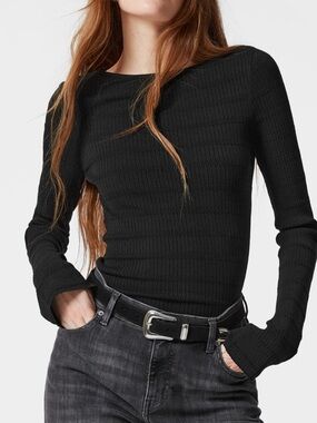 Other Stories, Black knit ribbed long sleeve scoop neck top flare sleeve, Size S